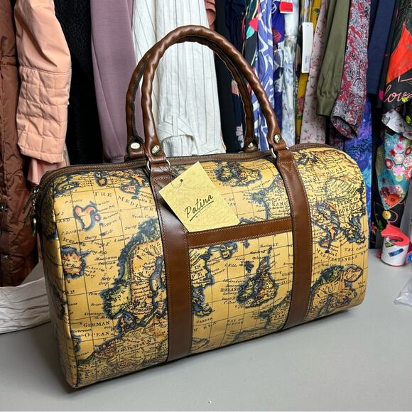 Patricia Nash Milano Weekender Duffel Bag European Map Patina Coated Linen NWT - Picture 11 of 12